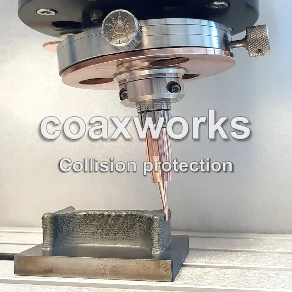 coaxworks | Laser welding head switches off without damage in the event of a collision | coaxwire, wireM, wireXL and wireL is low-maintenance, avoids defects or does not break due to emergency stop, emergency stopping, stop or switch-off in the event of a collision, collision protection, collision switch-off, fixed welding, connection, fault, collision, impact or problem due to deflection