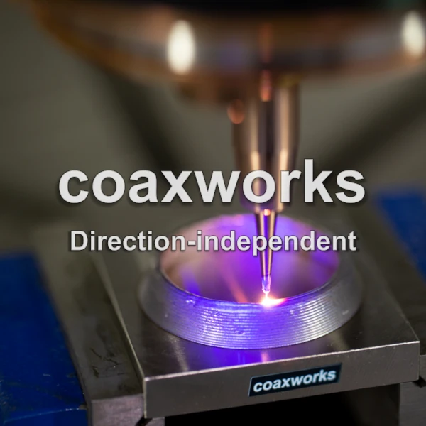 coaxworks | Laser welding head welds round additive structure uniformly independent of direction | coaxwire, wireM, wireXL and wireL is flexible, coaxial, multi-directional welding, coating, cladding, hardfacing, surfacing, overlay welding, deposition or additive manufacturing by 3-beam design, multi-beam, ring beam, ring laser, beam splitter or split laser